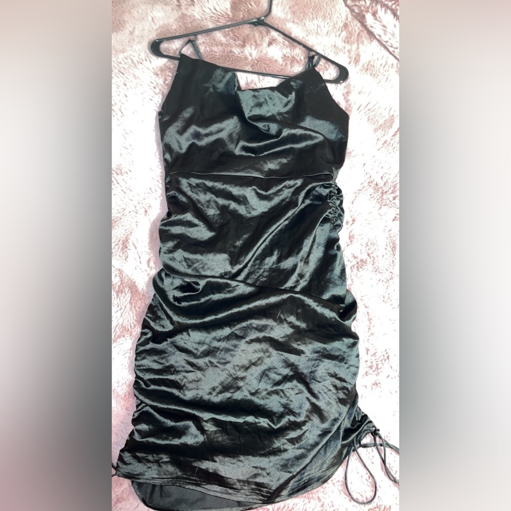Black mini zip up satin dress.